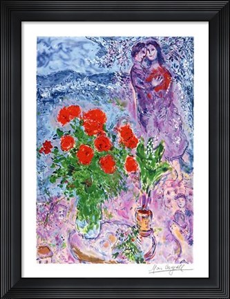 Framed Red Bouquet With Lovers Print