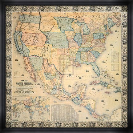 Framed Map of North America, 1853 Print