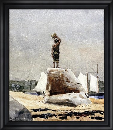 Framed Boy Hailing Schooners Print