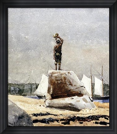 Framed Boy Hailing Schooners Print