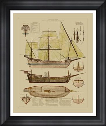 Framed Antique Ship Plan II Print
