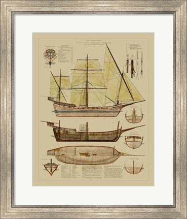 Framed Antique Ship Plan II Print
