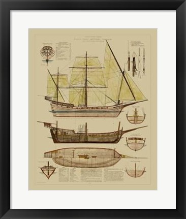 Framed Antique Ship Plan II Print