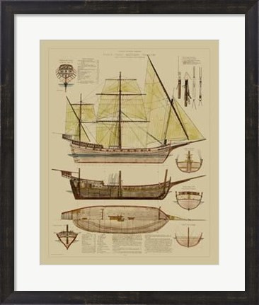Framed Antique Ship Plan II Print