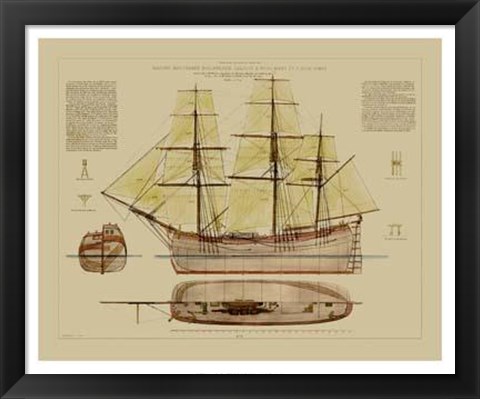 Framed Antique Ship Plan VII Print