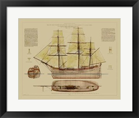 Framed Antique Ship Plan VII Print