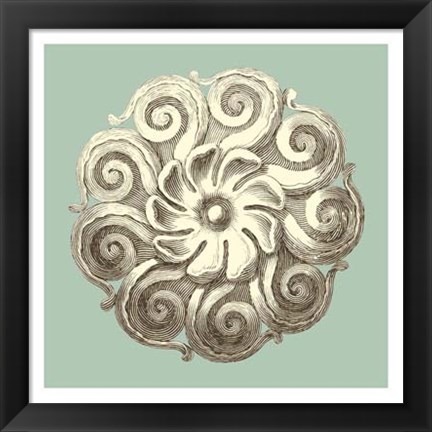 Framed Celadon and Mocha Rosette I Print