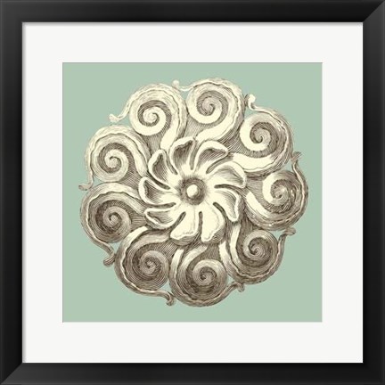 Framed Celadon and Mocha Rosette I Print