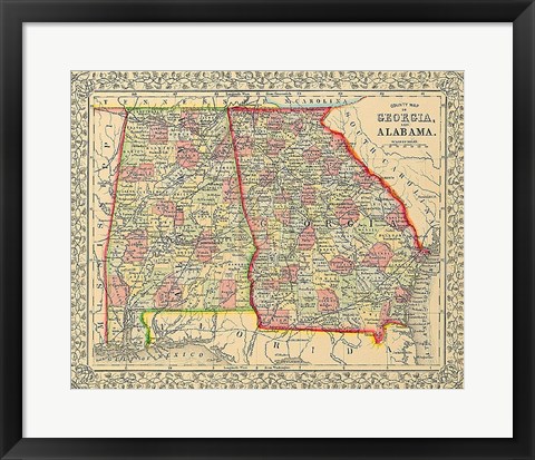Framed County Map Of Georgia And Alabama Print