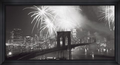 Framed Fireworks over the Brooklyn Bridge Print