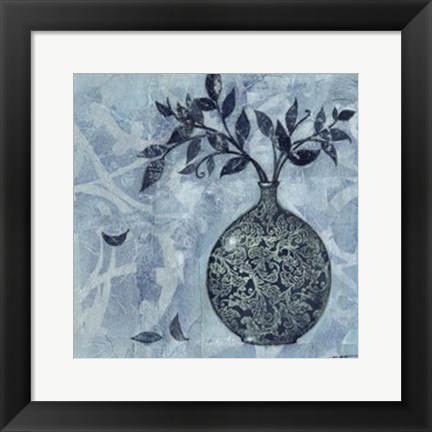 Framed Ornate Vase with Indigo Leaves I Print