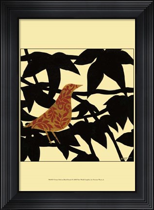 Framed Ornate Bird on Black Branch Print