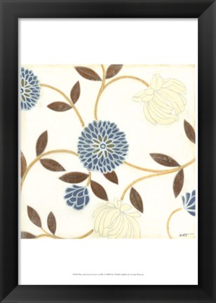 Framed Blue and Cream Flowers on Silk I Print