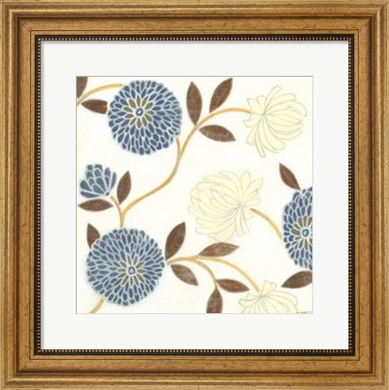 Framed Blue and Cream Flowers on Silk II Print