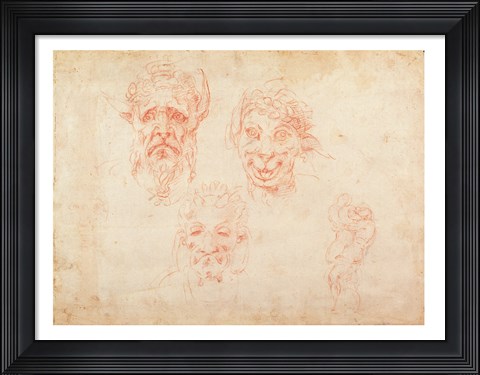 Framed W.33 Sketches of satyrs&#39; faces Print