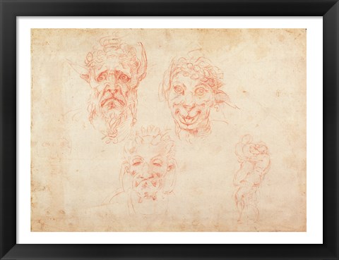 Framed W.33 Sketches of satyrs&#39; faces Print