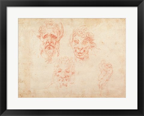 Framed W.33 Sketches of satyrs&#39; faces Print