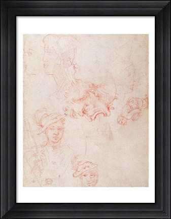 Framed Studies of heads, 1508-12d Print