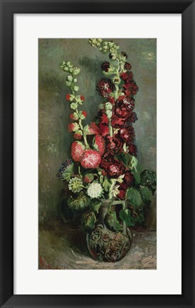 Framed Vase of Hollyhocks, 1886 Print