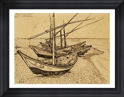 Framed Fishing Boats on the Beach at Saintes-Maries-de-la-Mer, 1888 Print
