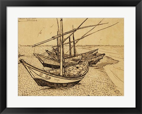 Framed Fishing Boats on the Beach at Saintes-Maries-de-la-Mer, 1888 Print