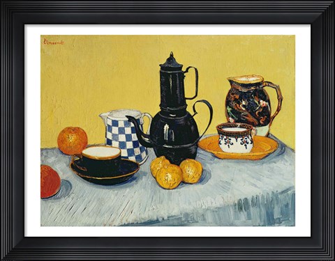 Framed Still Life with Blue Enamel Coffeepot, Earthenware and Fruit Print