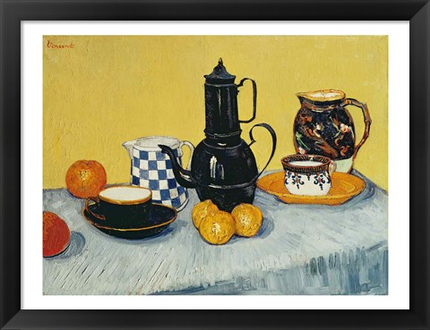 Framed Still Life with Blue Enamel Coffeepot, Earthenware and Fruit Print