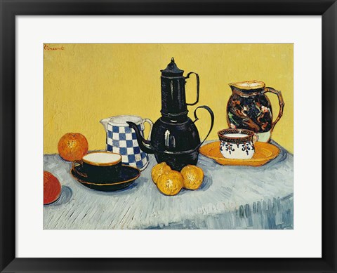 Framed Still Life with Blue Enamel Coffeepot, Earthenware and Fruit Print