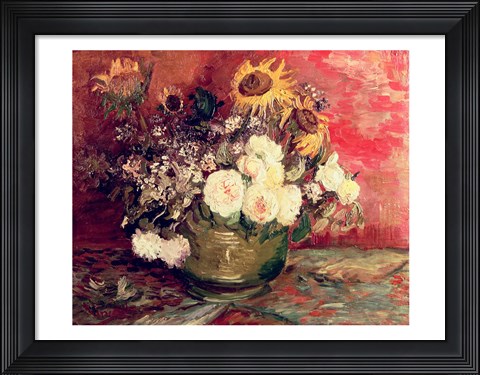 Framed Sunflowers, Roses and other Flowers in a Bowl, 1886 Print