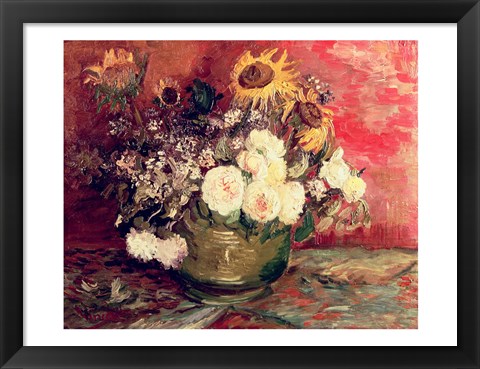 Framed Sunflowers, Roses and other Flowers in a Bowl, 1886 Print