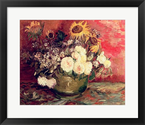 Framed Sunflowers, Roses and other Flowers in a Bowl, 1886 Print