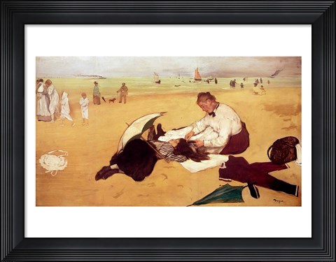 Framed Beach scene: little girl having her hair combed by her nanny Print