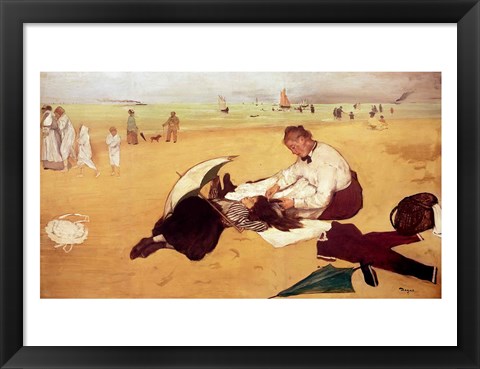 Framed Beach scene: little girl having her hair combed by her nanny Print