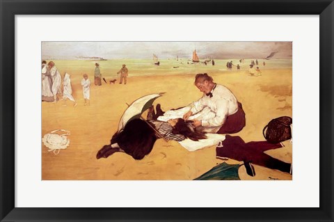 Framed Beach scene: little girl having her hair combed by her nanny Print