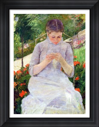 Framed Young Woman Sewing in the garden Print
