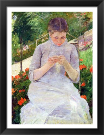 Framed Young Woman Sewing in the garden Print