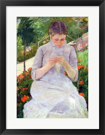 Framed Young Woman Sewing in the garden Print