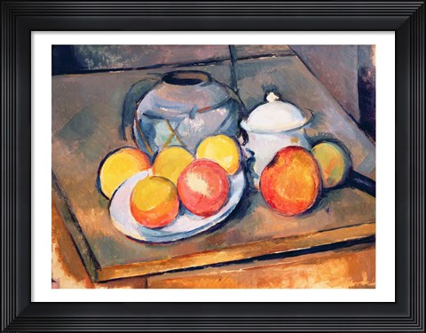 Framed Straw-covered vase, sugar bowl and apples, 1890-93 Print