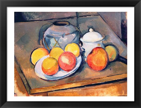 Framed Straw-covered vase, sugar bowl and apples, 1890-93 Print