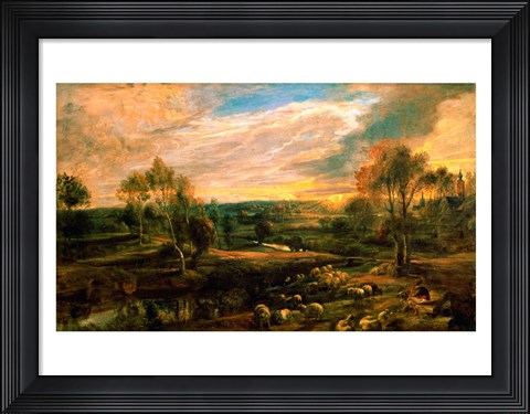 Framed Landscape with a Shepherd and his Flock Print