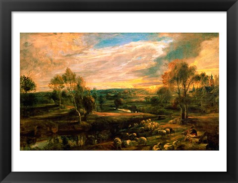 Framed Landscape with a Shepherd and his Flock Print