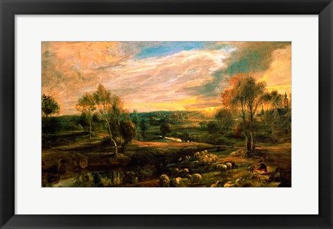 Framed Landscape with a Shepherd and his Flock Print