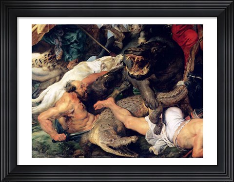 Framed Hippopotamus and Crocodile Hunt - up close Print