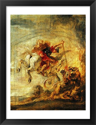 Framed Bellerophon Riding Pegasus Fighting the Chimaera Print