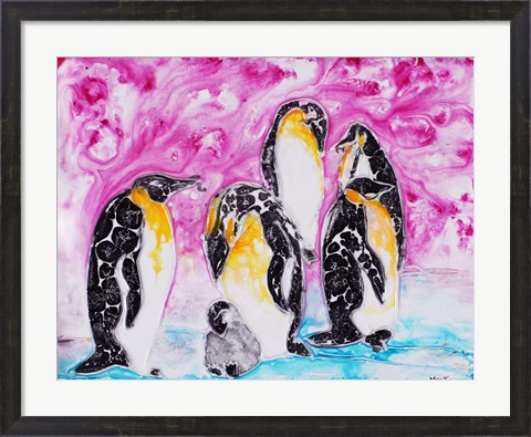 Framed Penguins Under Magenta Sky Print