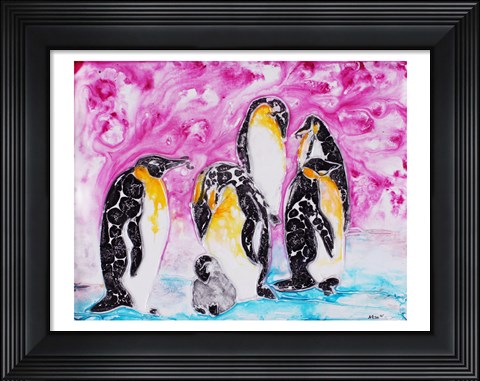 Framed Penguins Under Magenta Sky Print