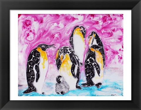 Framed Penguins Under Magenta Sky Print