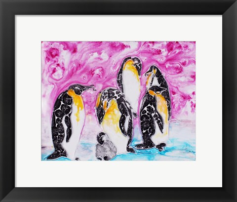 Framed Penguins Under Magenta Sky Print