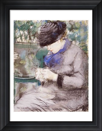 Framed Girl Sitting in the Garden Knitting, 1879 Print
