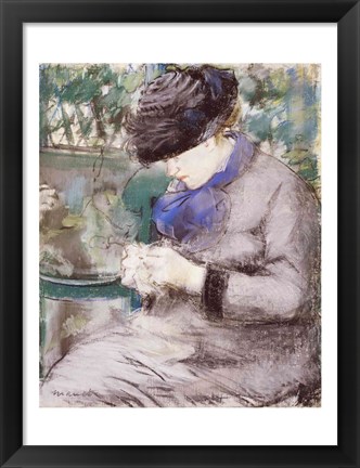 Framed Girl Sitting in the Garden Knitting, 1879 Print